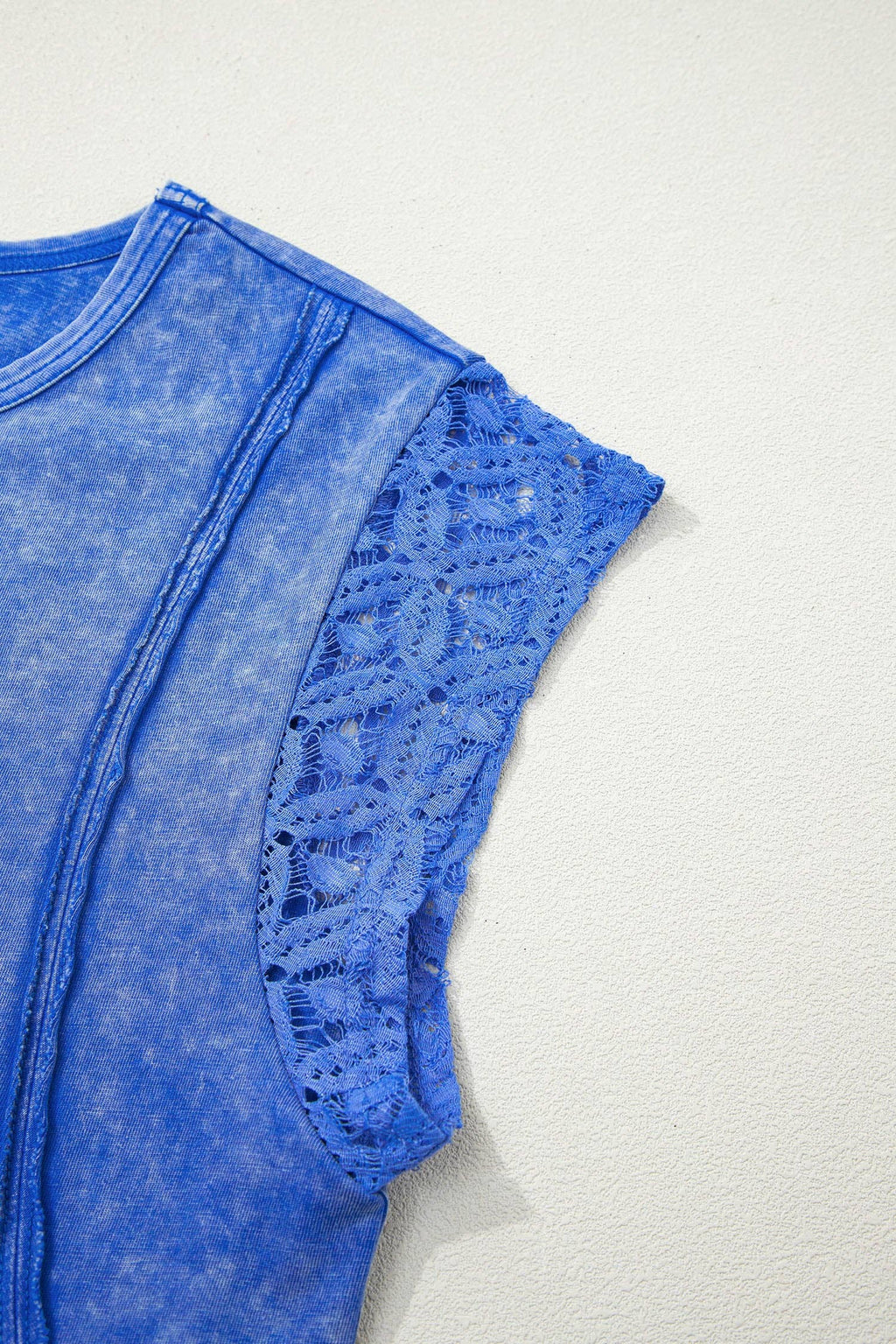 Sky Blue Mineral Wash Raw Seam Lace Sleeve Cotton Tee