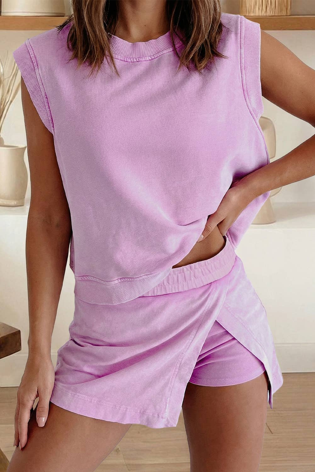 Purple Mineral Wash Cotton Tank Top and Skirt Set