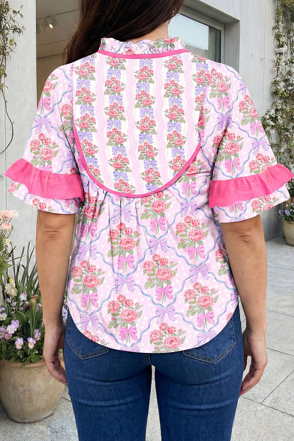Floral Print Ruffled Short Sleeve Blouse