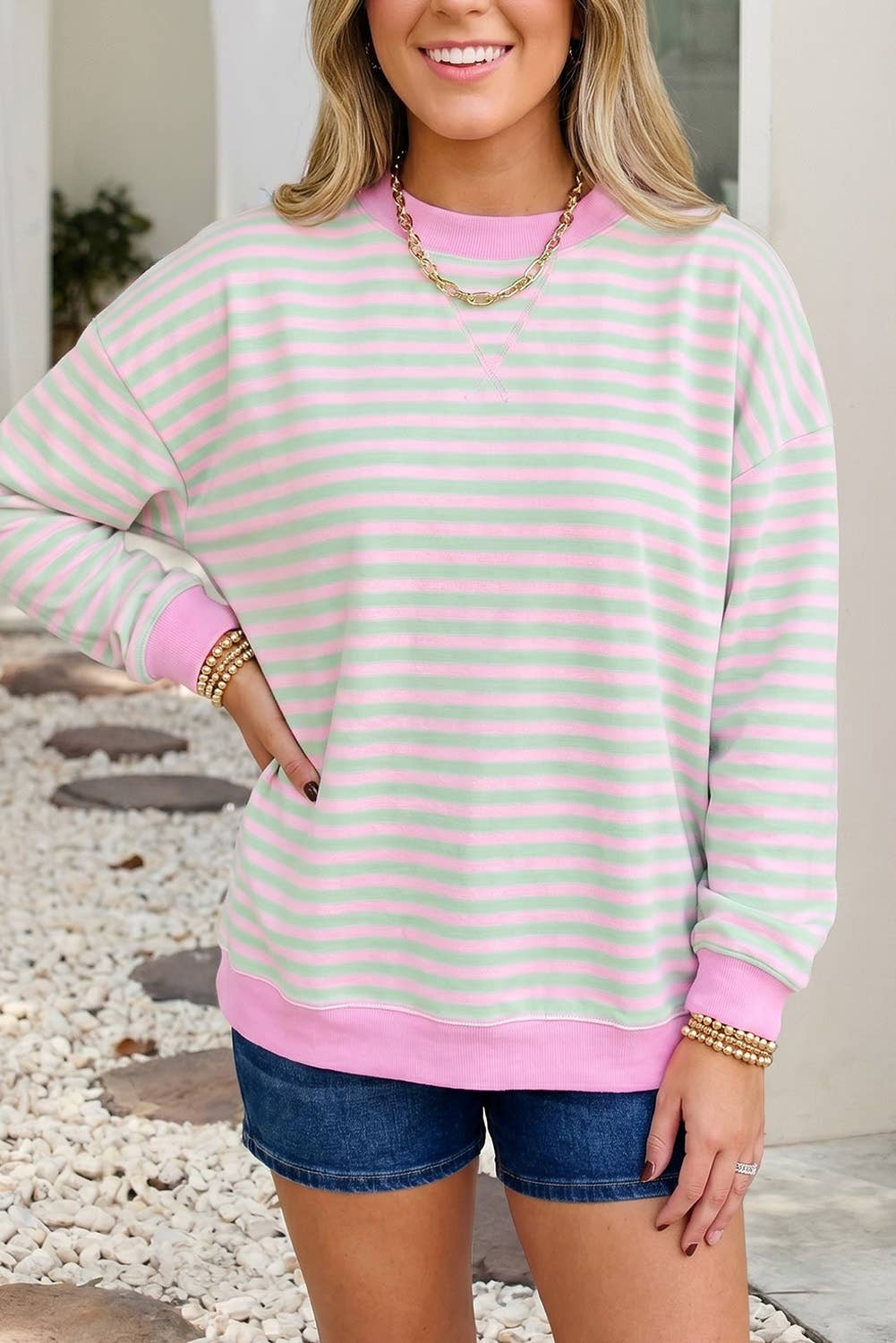 LDC Stripe Stand Neck Sweatshirt Casual Loose Fit Pullover