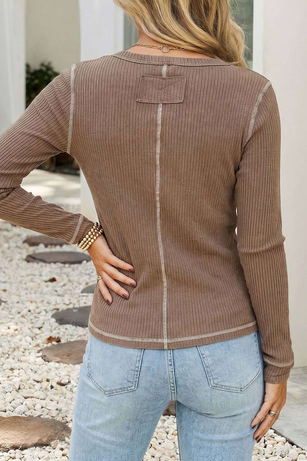 LDC V Neck Long Sleeve Ribbed Casual Sheath Pullover