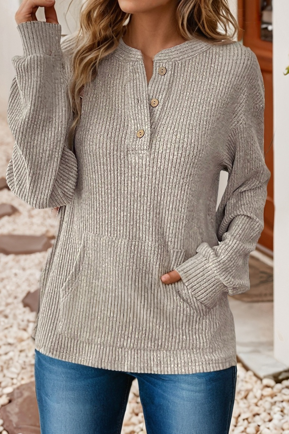 LDC Spring 2026 Ribbed Texture Drop Shoulder Henley Top