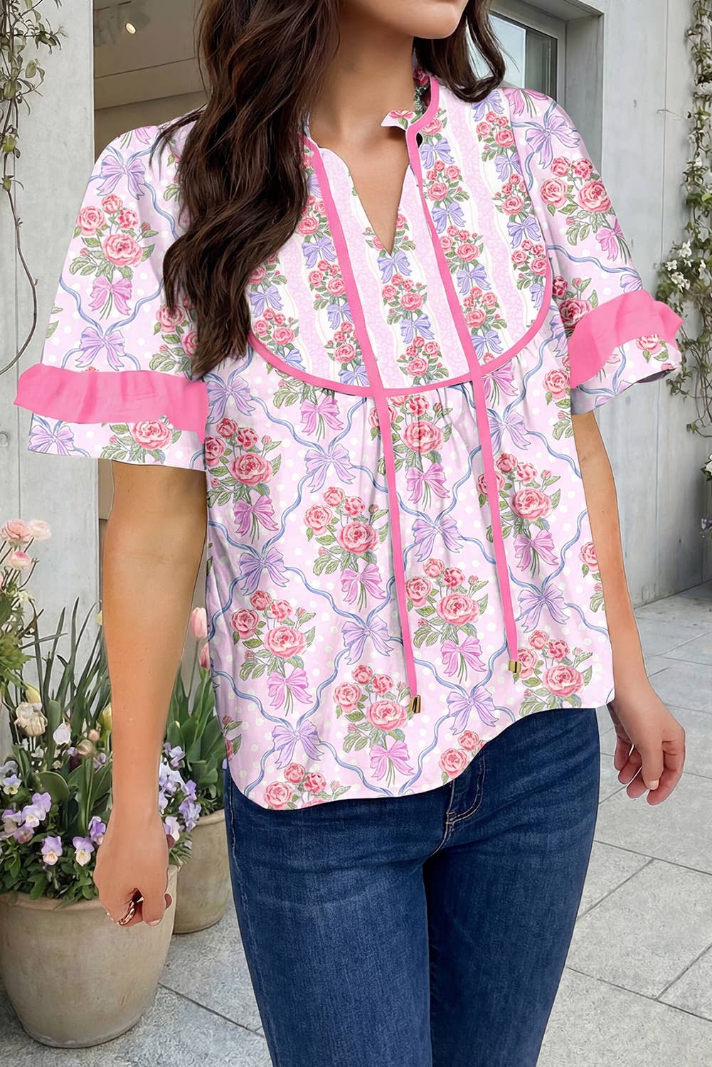 Floral Print Ruffled Short Sleeve Blouse