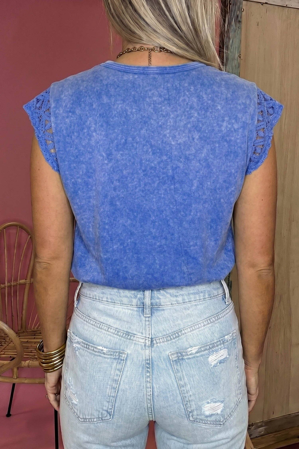 Sky Blue Mineral Wash Raw Seam Lace Sleeve Cotton Tee