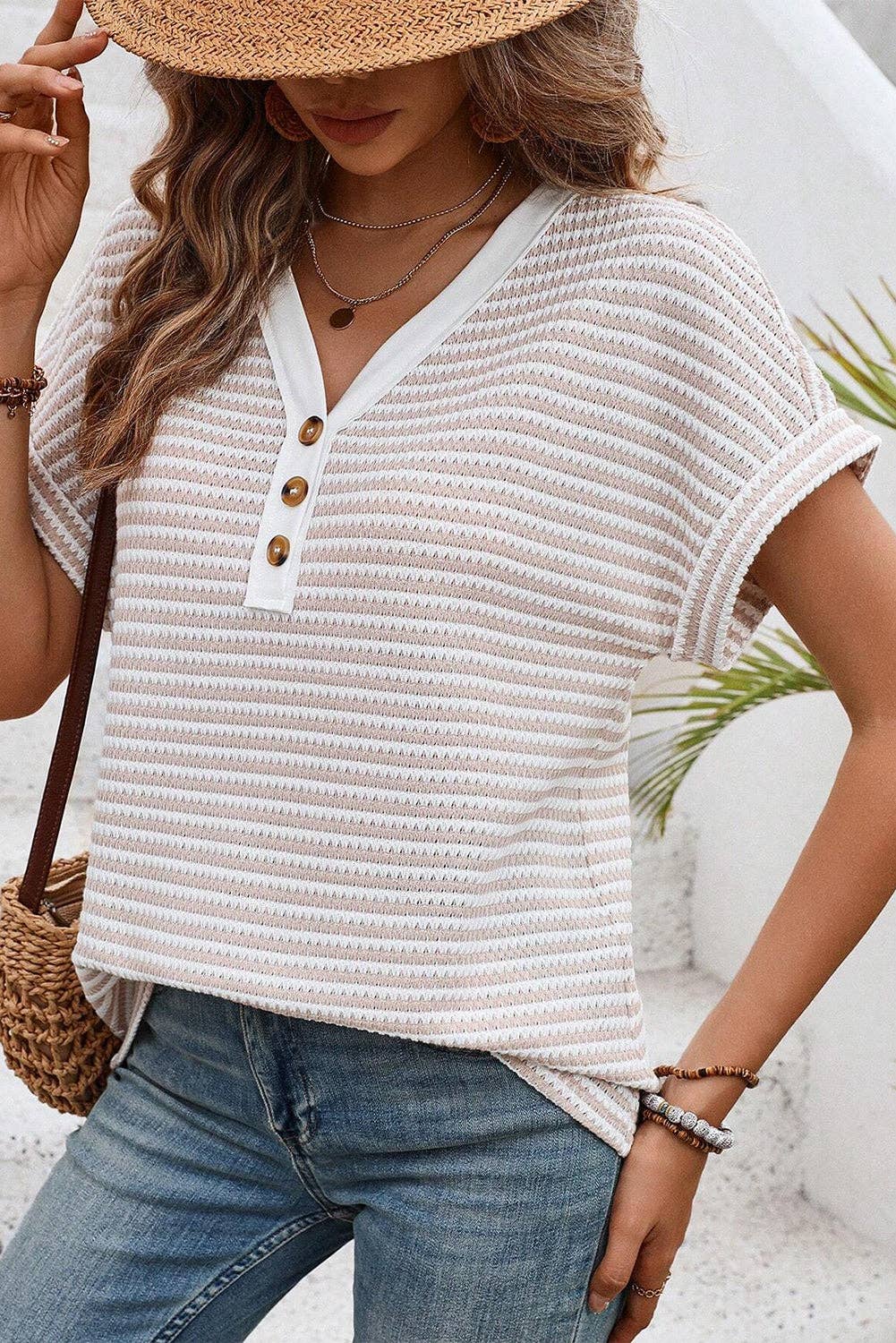 Khaki Stripe Buttoned Front V Neck Knitted T Shirt Top