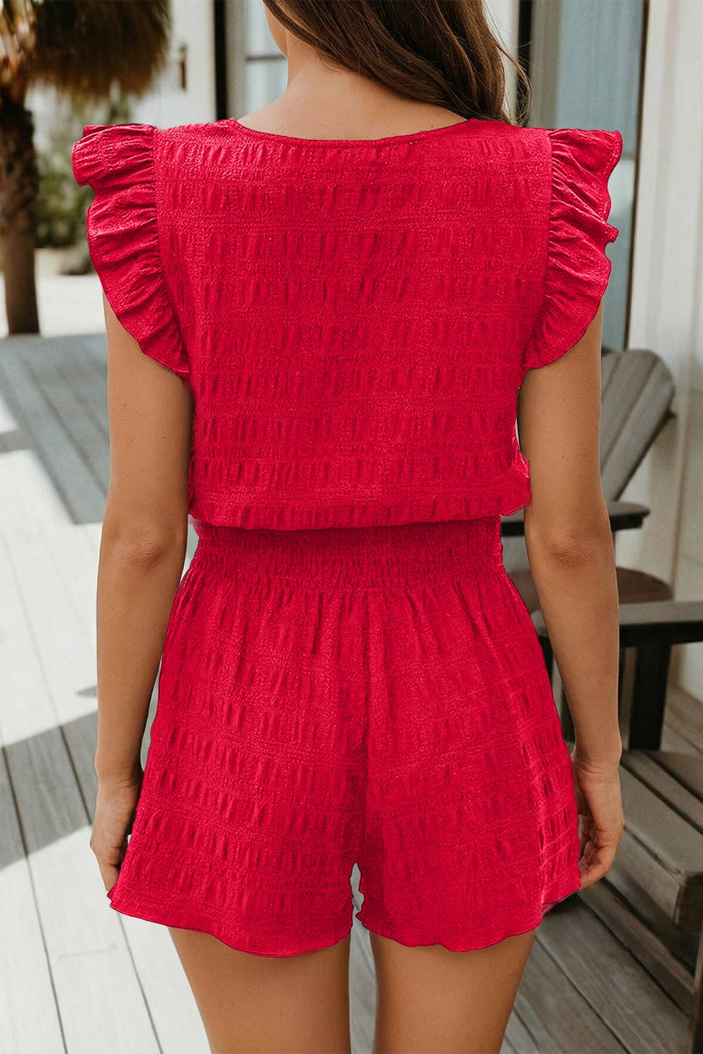 Textured Square Neck Top and Shirred Shorts Set
