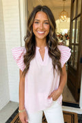 Pink Stripe Flutter Sleeve Blouse