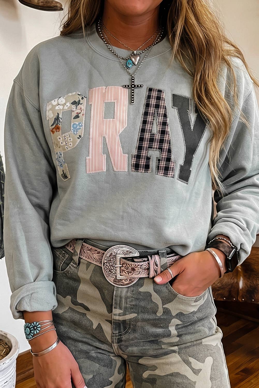 Striped PRAY Embroidered Patch Western Sweatshirt | S-4X