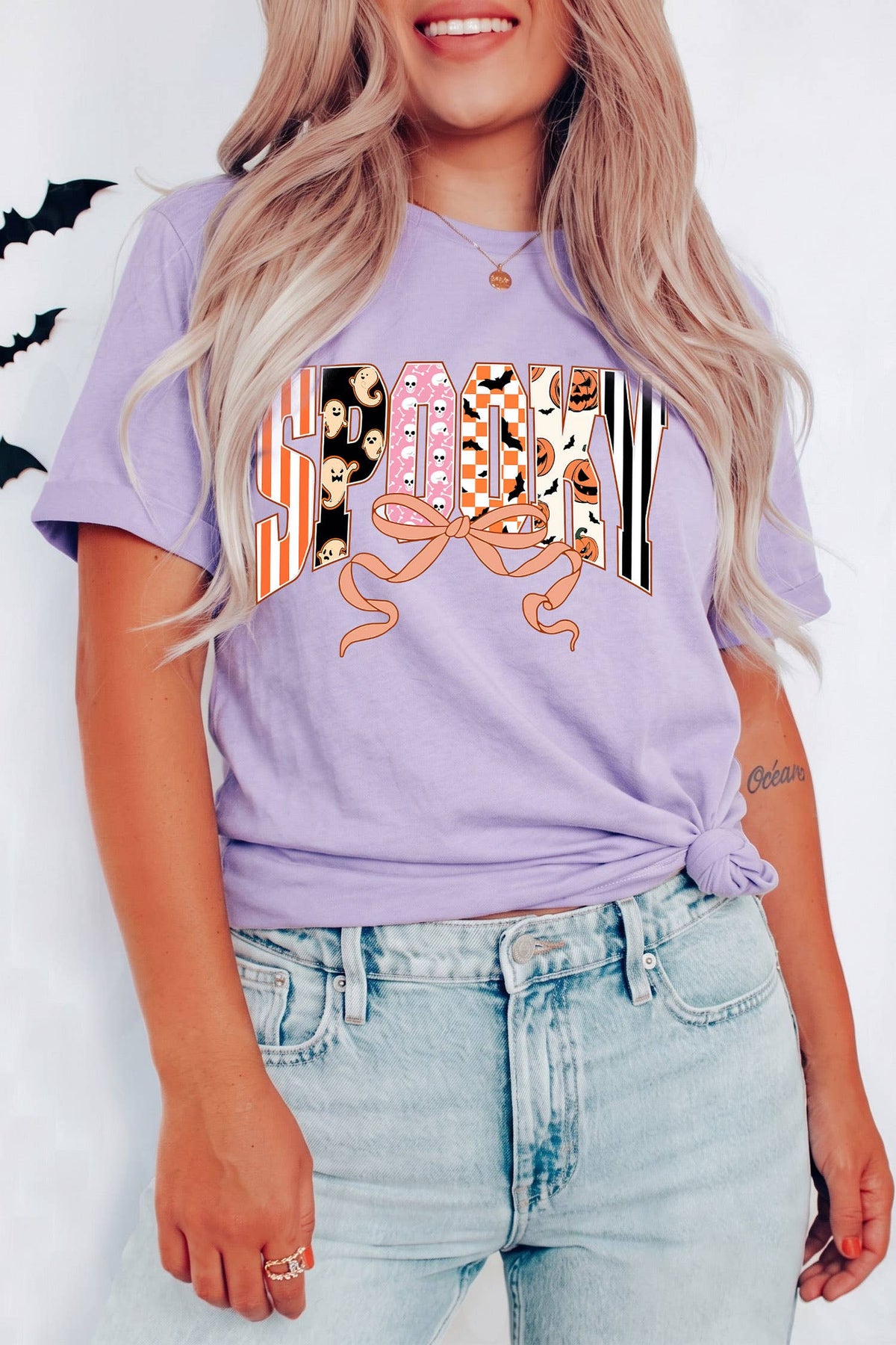 LDC Spooky Letter Print Round Neck Casual Halloween T Shirt