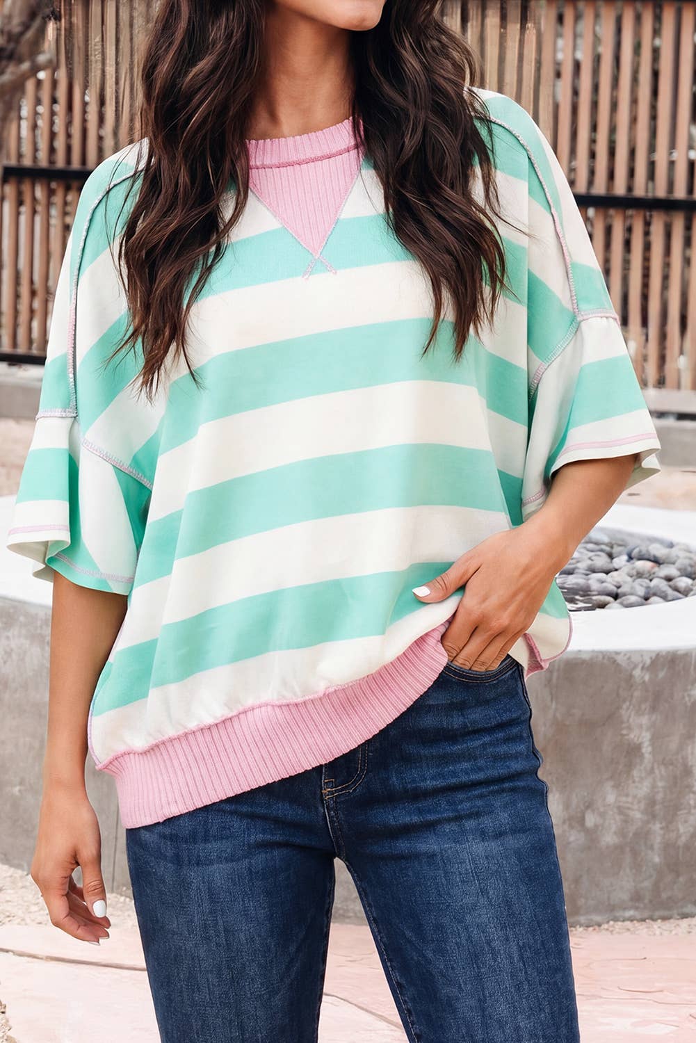 Stripe Exposed Seam Ribbed Patchwork Oversized Tee