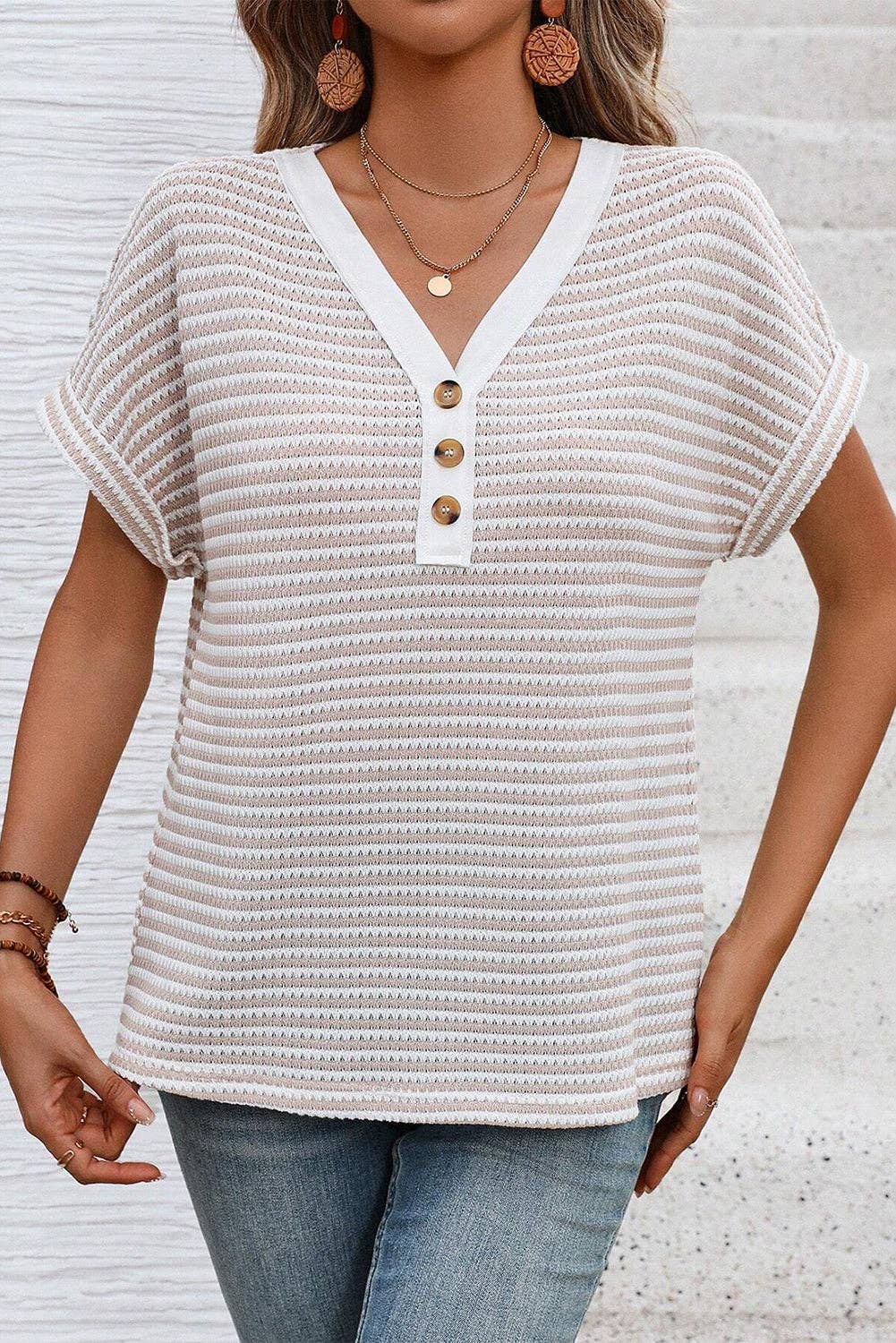 Khaki Stripe Buttoned Front V Neck Knitted T Shirt Top