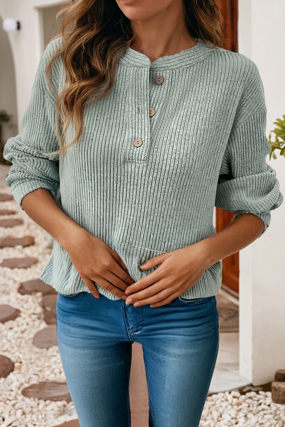 LDC Spring 2026 Ribbed Texture Drop Shoulder Henley Top