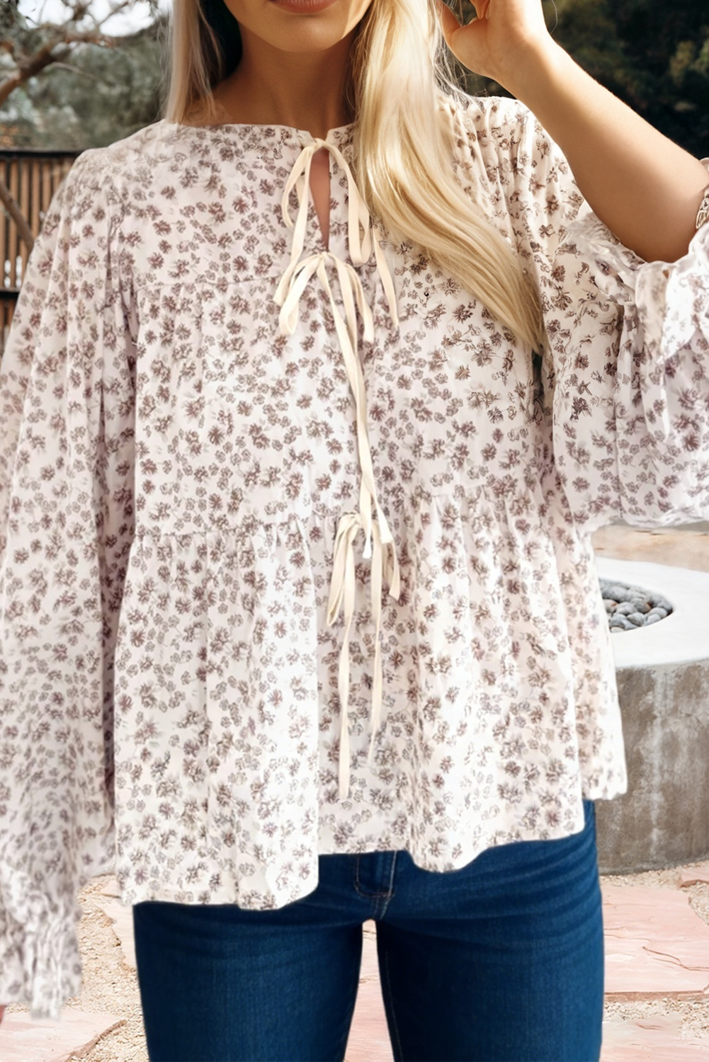 Bow Tie Floral Print Flounce Sleeve Peplum Blouse