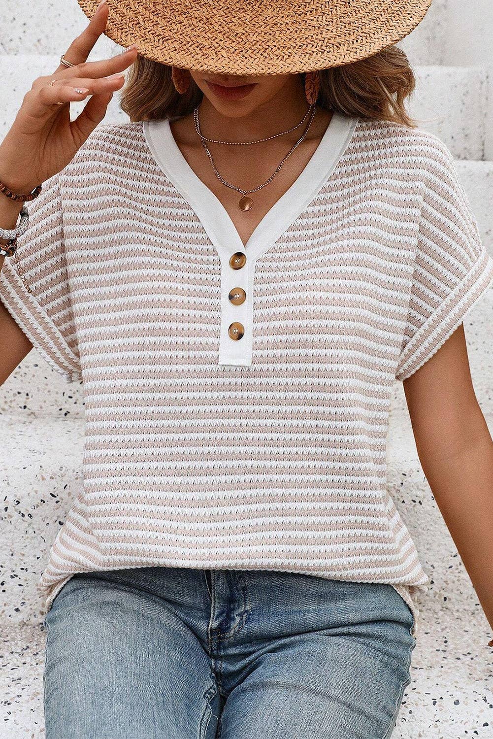 Khaki Stripe Buttoned Front V Neck Knitted T Shirt Top