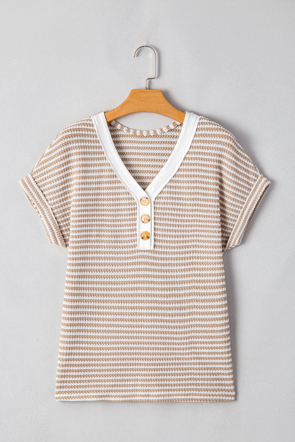 Khaki Stripe Buttoned Front V Neck Knitted T Shirt Top