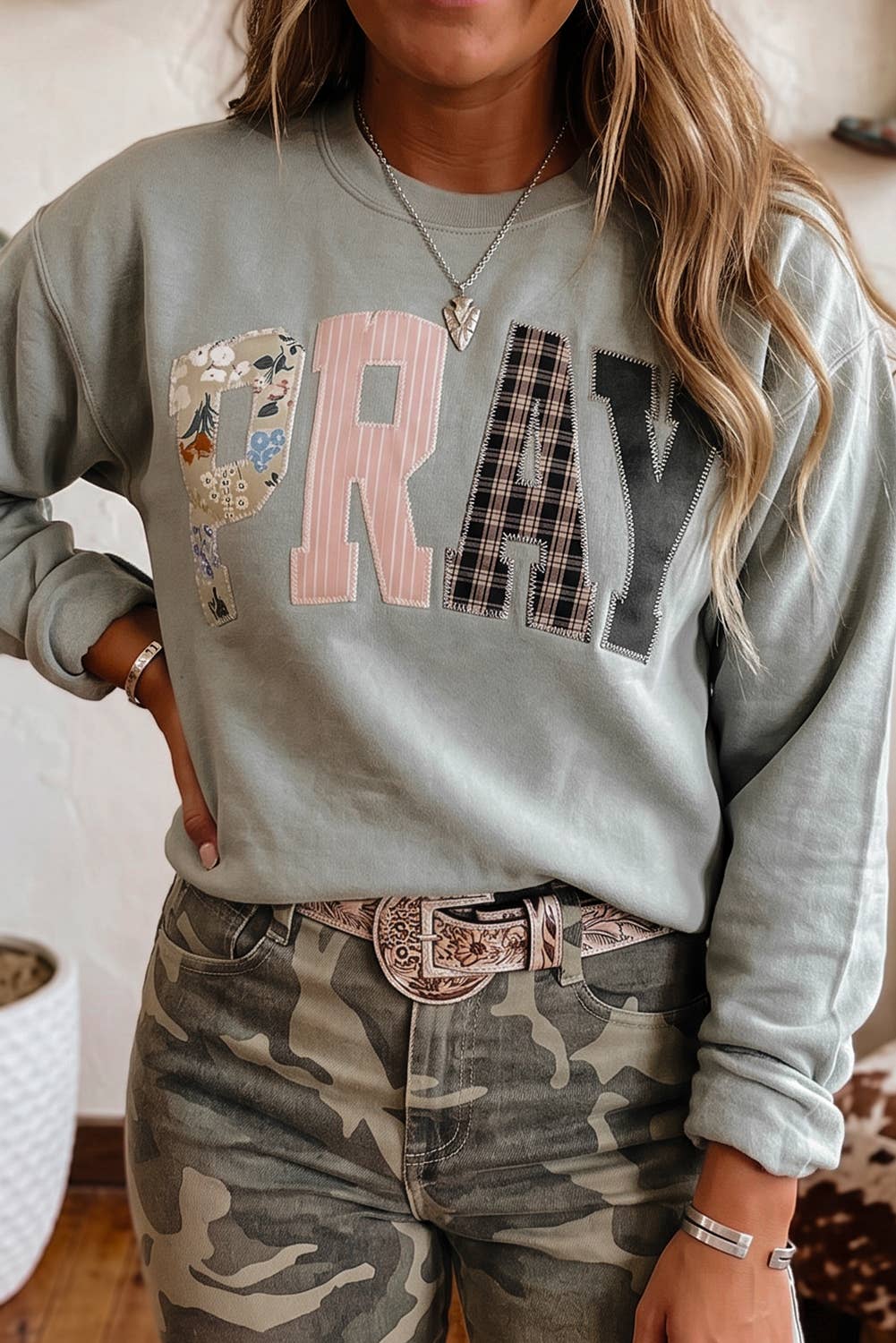 Striped PRAY Embroidered Patch Western Sweatshirt | S-4X