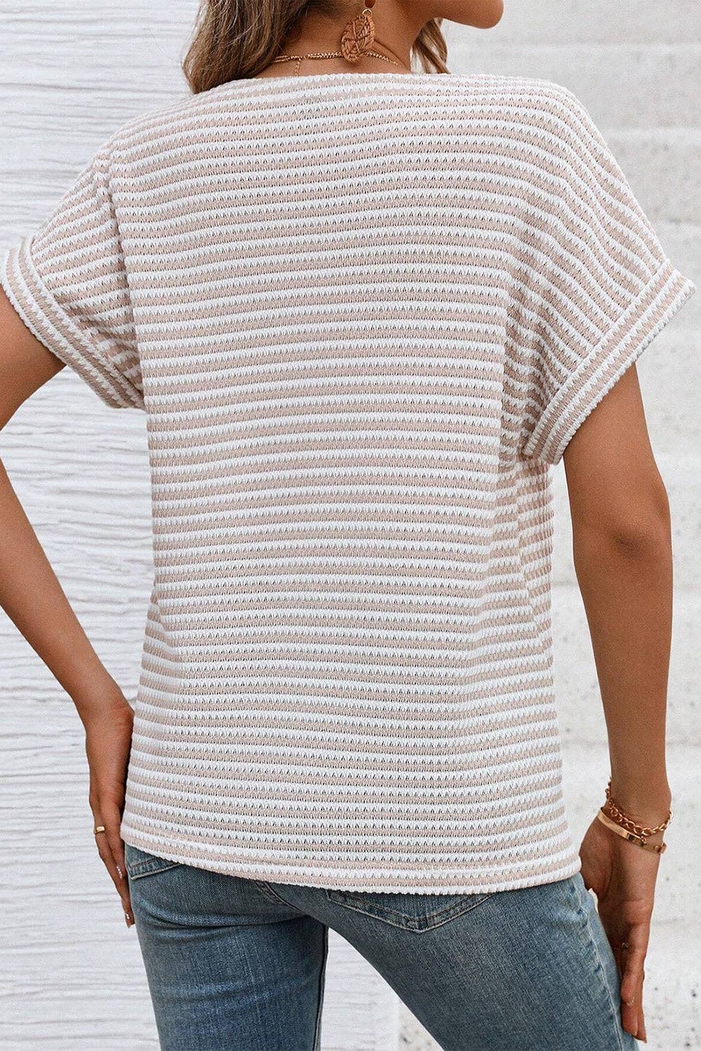 Khaki Stripe Buttoned Front V Neck Knitted T Shirt Top