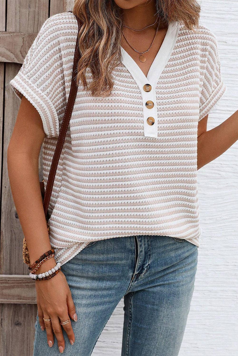 Khaki Stripe Buttoned Front V Neck Knitted T Shirt Top