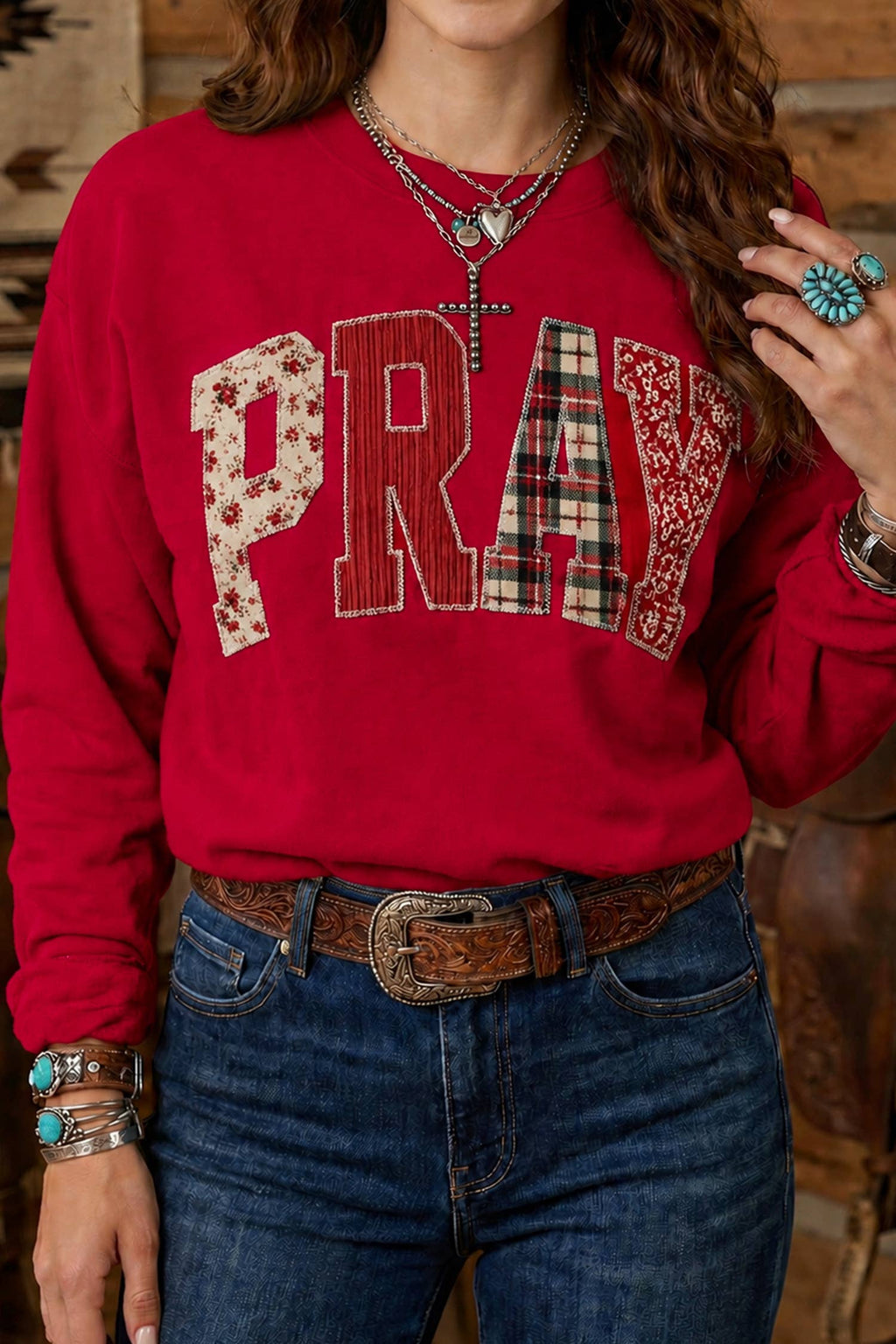 Striped PRAY Embroidered Patch Western Sweatshirt | S-4X
