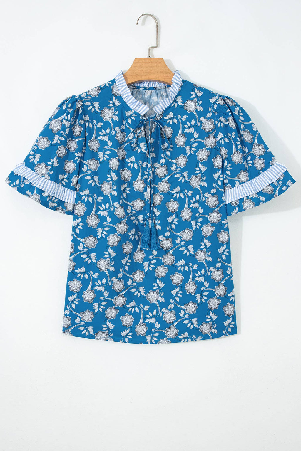 Floral Print Button Tie Neck Short Sleeve Blouse