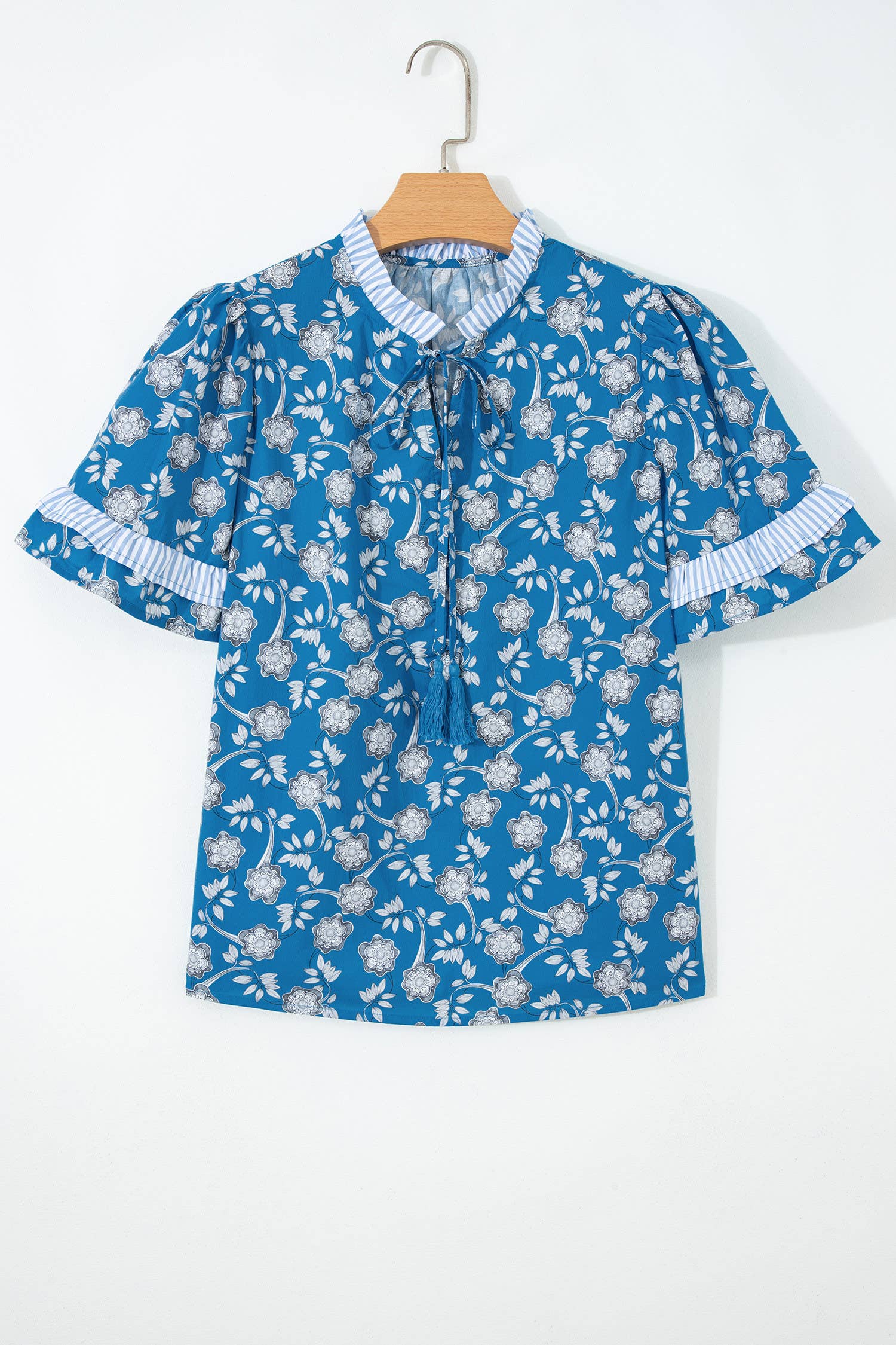Floral Print Button Tie Neck Short Sleeve Blouse