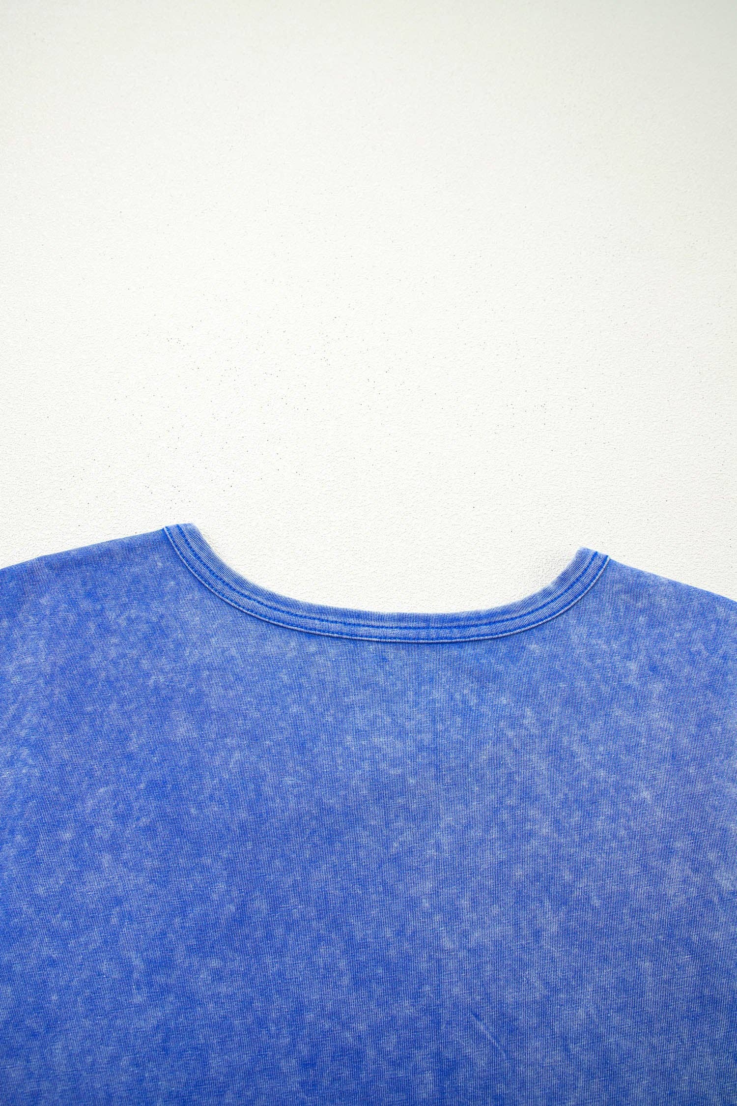 Sky Blue Mineral Wash Raw Seam Lace Sleeve Cotton Tee