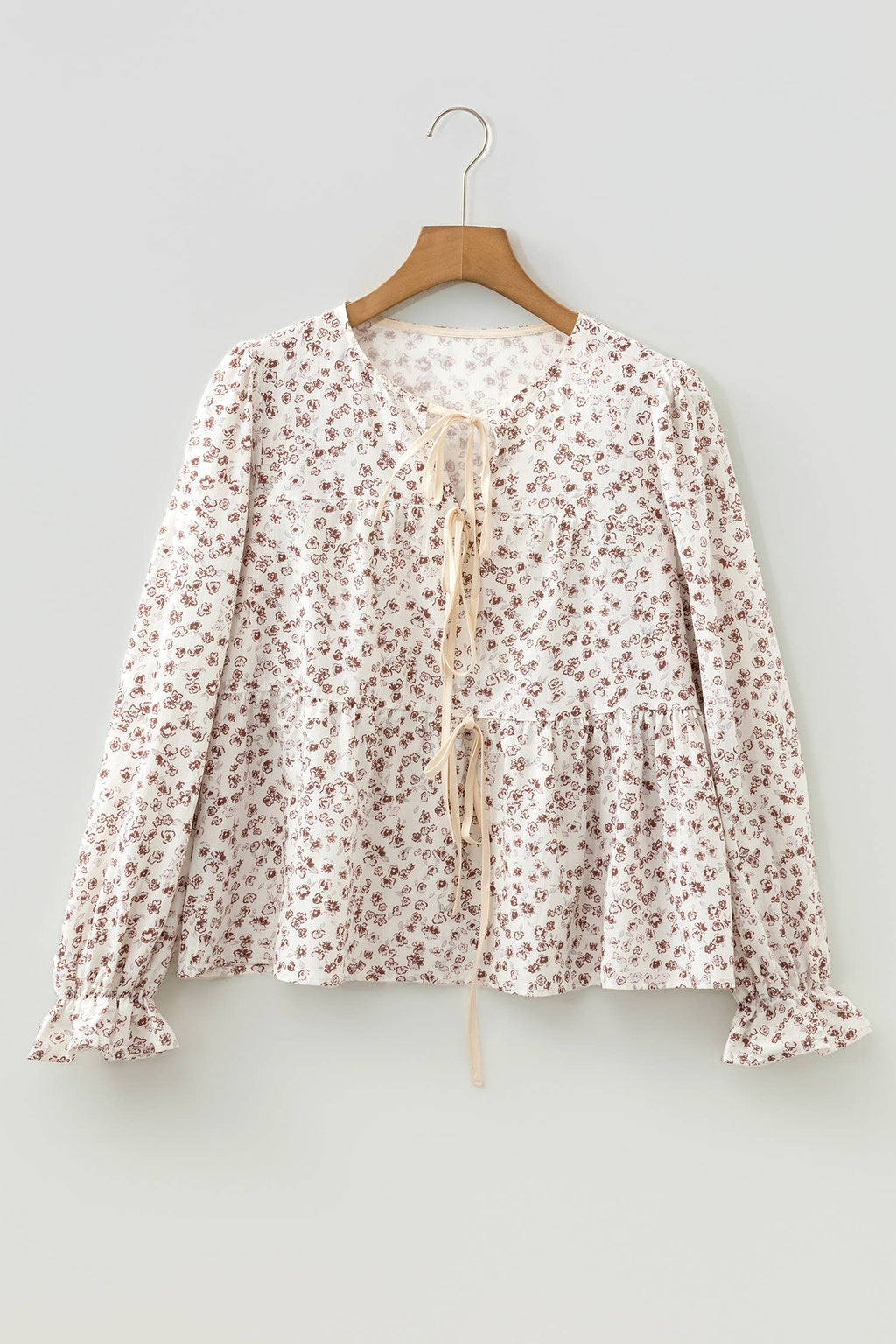 Bow Tie Floral Print Flounce Sleeve Peplum Blouse