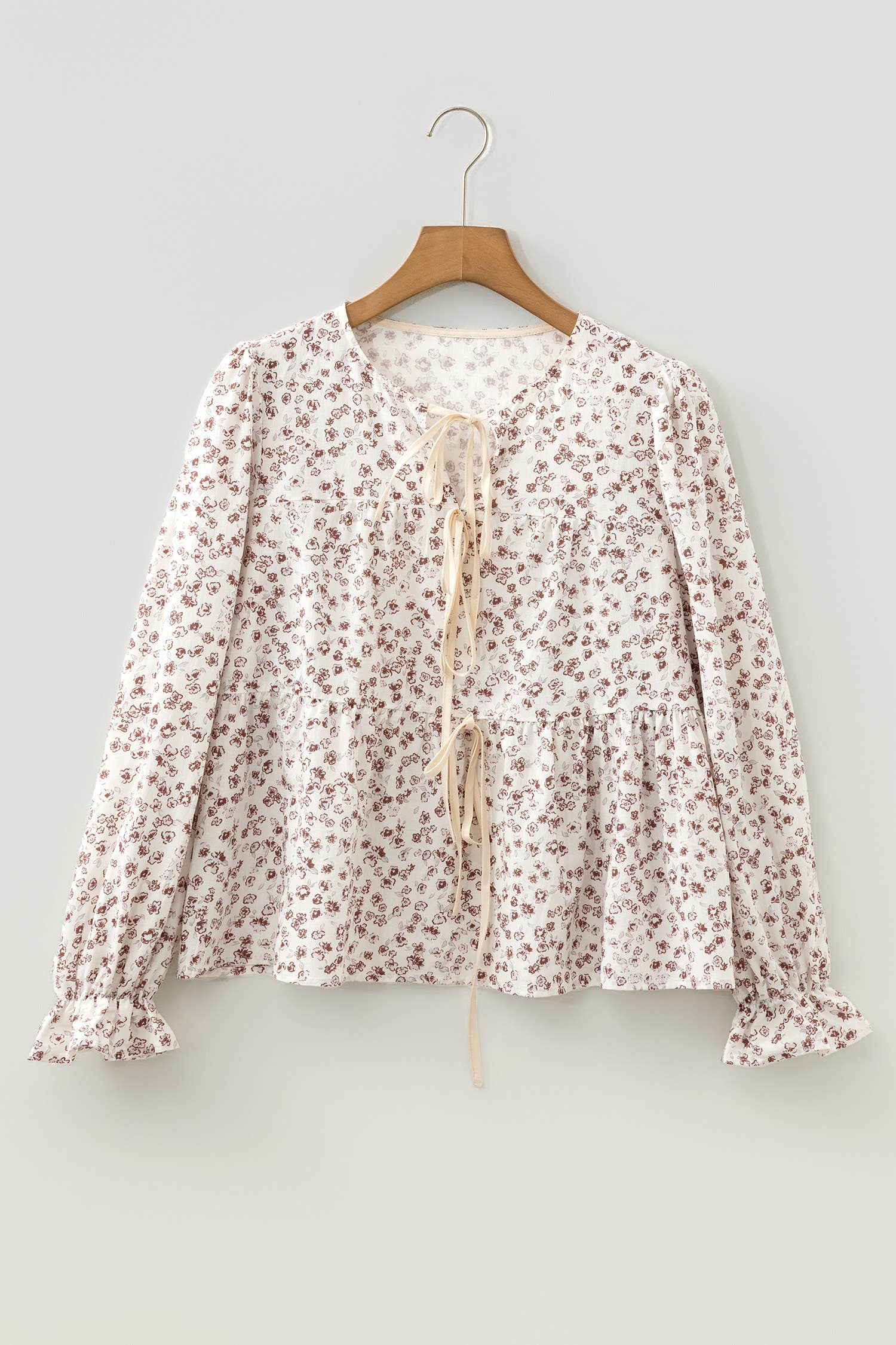 Bow Tie Floral Print Flounce Sleeve Peplum Blouse