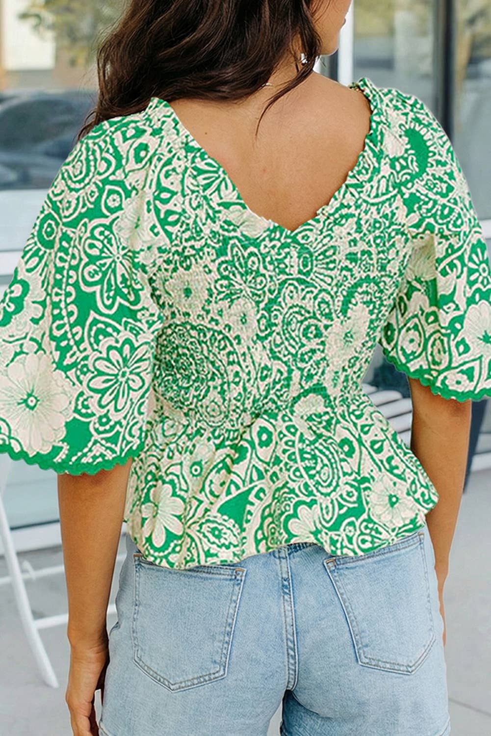 Smocked Peplum Green Floral Flutter Sleeve Blouse