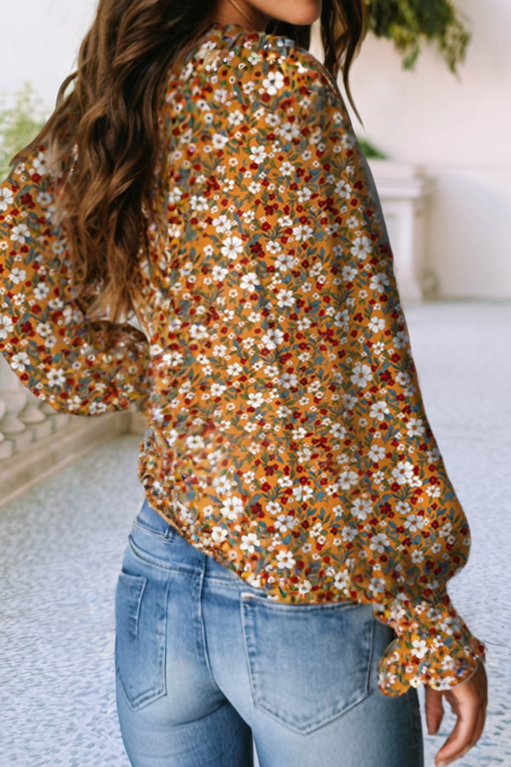 LDC Boho Floral Ruffled Bubble Sleeve V Neck Fall Blouse