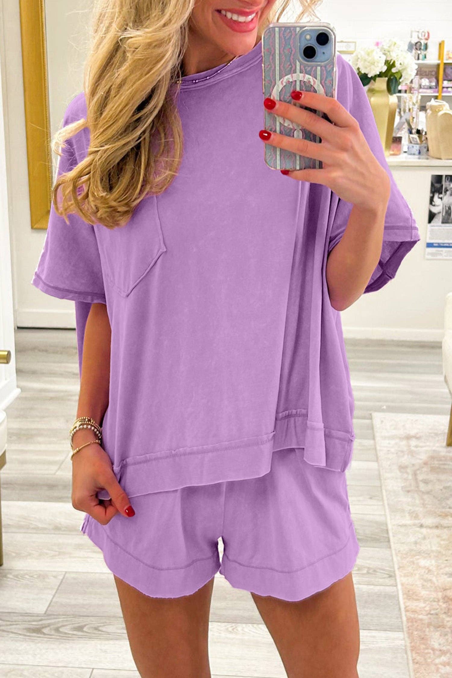 Raw Edge Pocket Oversized Top and Shorts Set