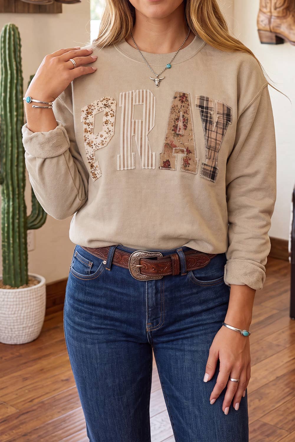Striped PRAY Embroidered Patch Western Sweatshirt | S-4X