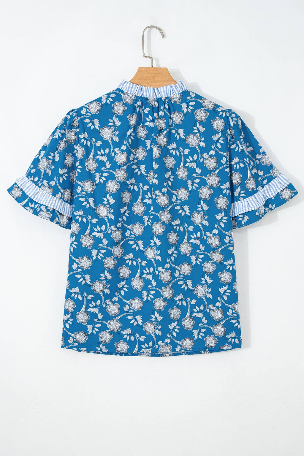Floral Print Button Tie Neck Short Sleeve Blouse