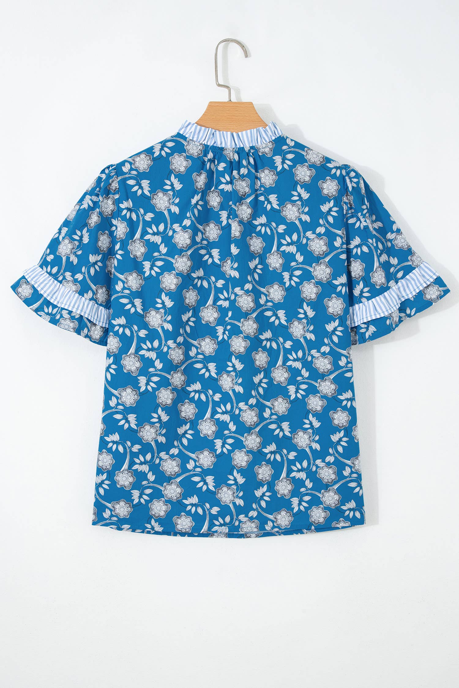 Floral Print Button Tie Neck Short Sleeve Blouse