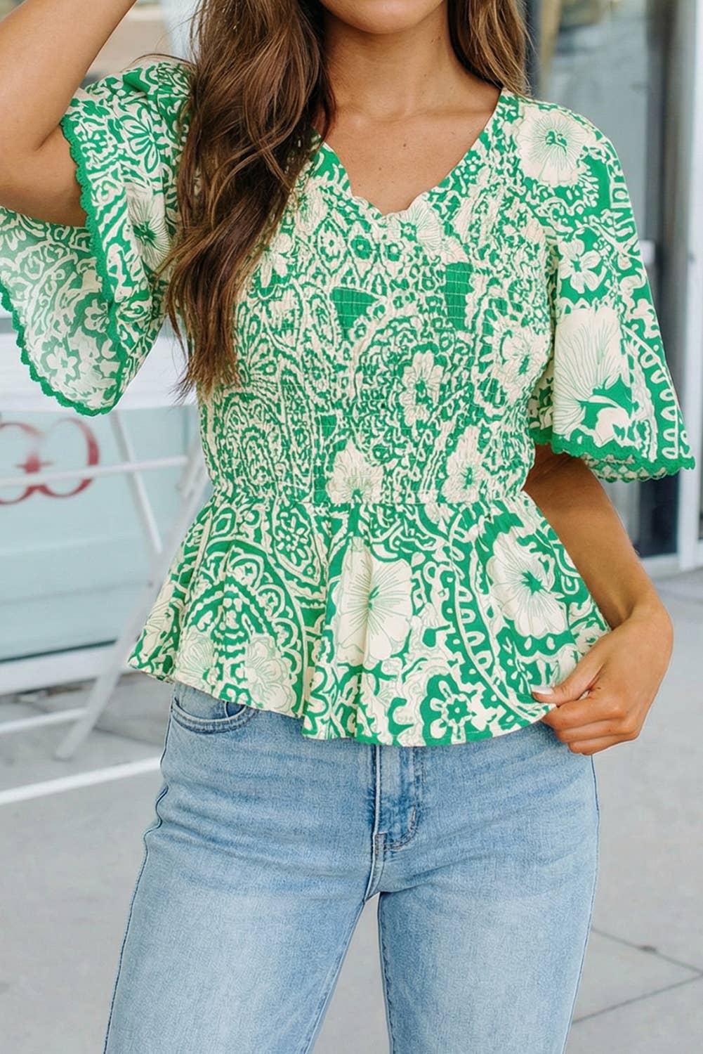 Smocked Peplum Green Floral Flutter Sleeve Blouse
