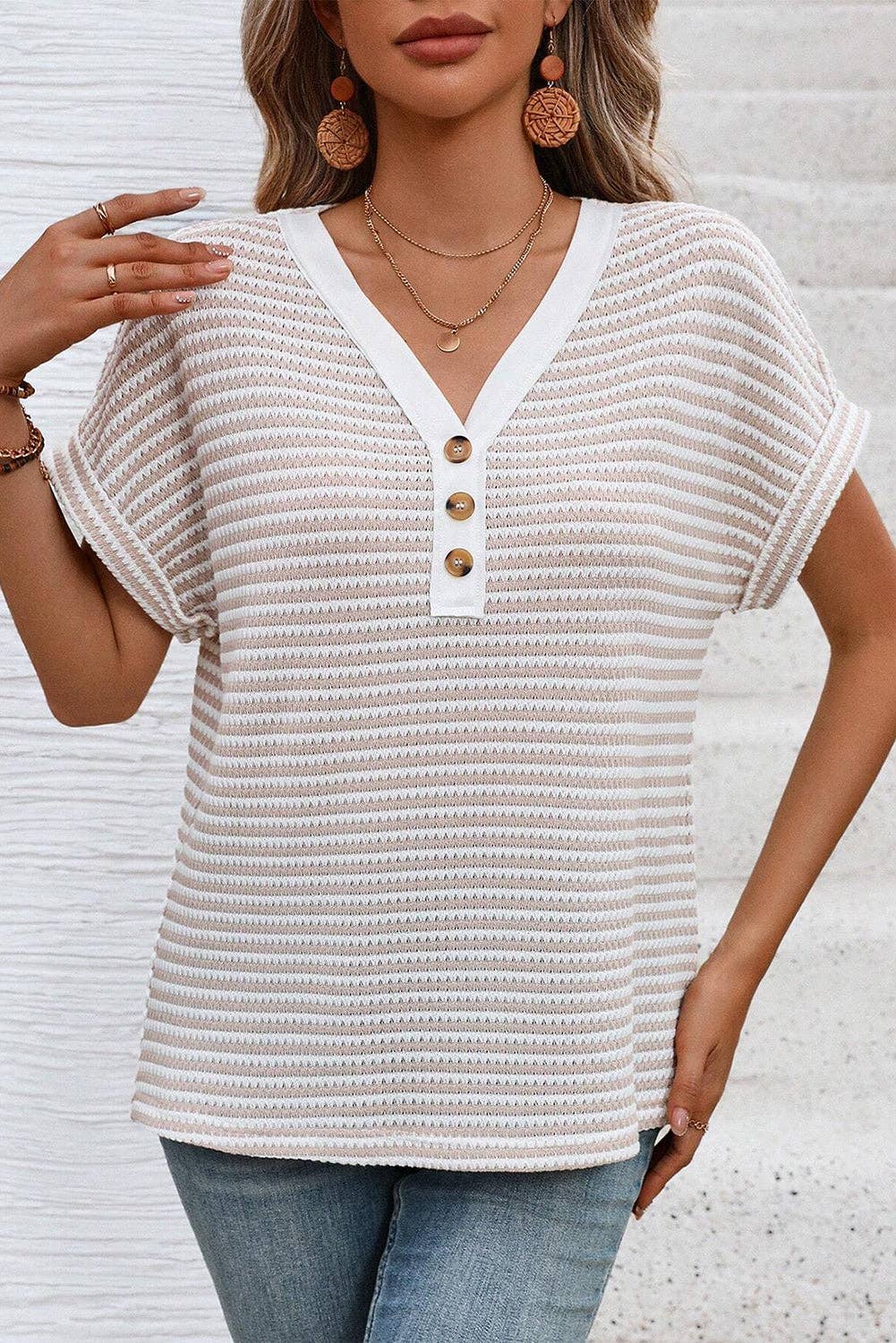 Khaki Stripe Buttoned Front V Neck Knitted T Shirt Top