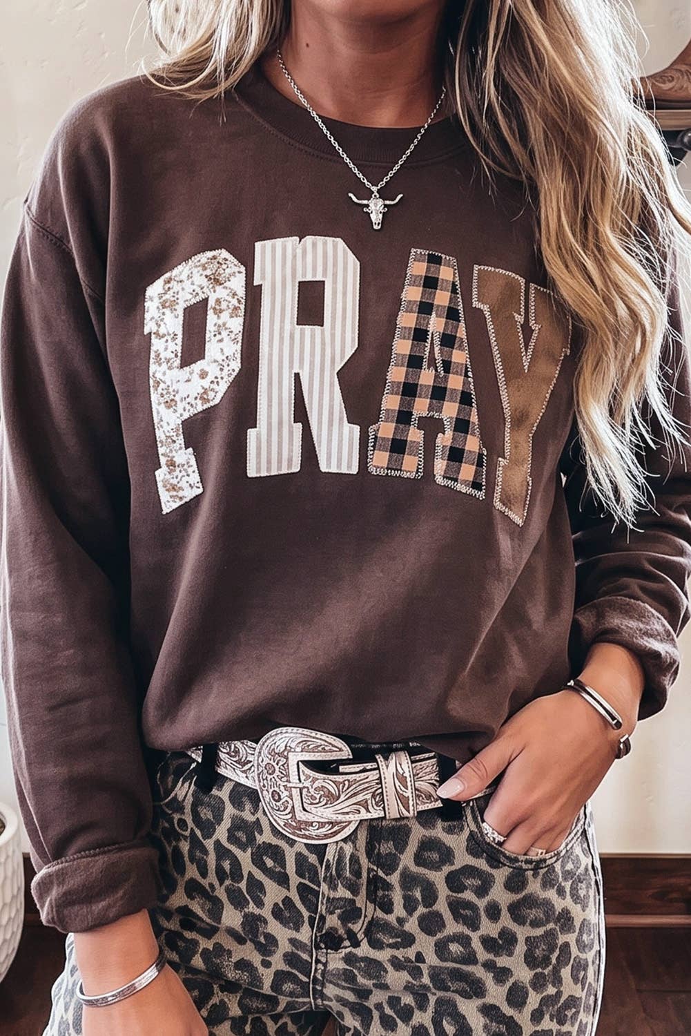 Striped PRAY Embroidered Patch Western Sweatshirt | S-4X