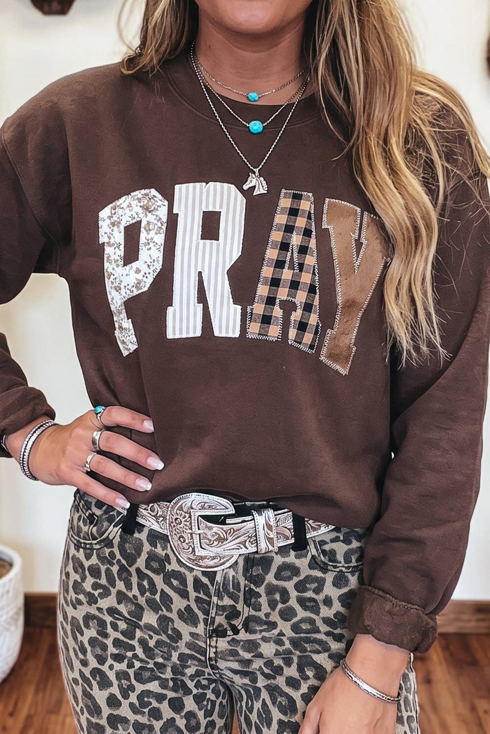 Striped PRAY Embroidered Patch Western Sweatshirt | S-4X