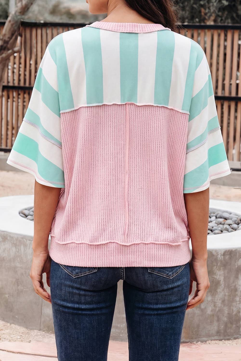 Stripe Exposed Seam Ribbed Patchwork Oversized Tee