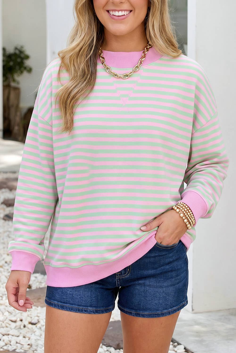 LDC Stripe Stand Neck Sweatshirt Casual Loose Fit Pullover