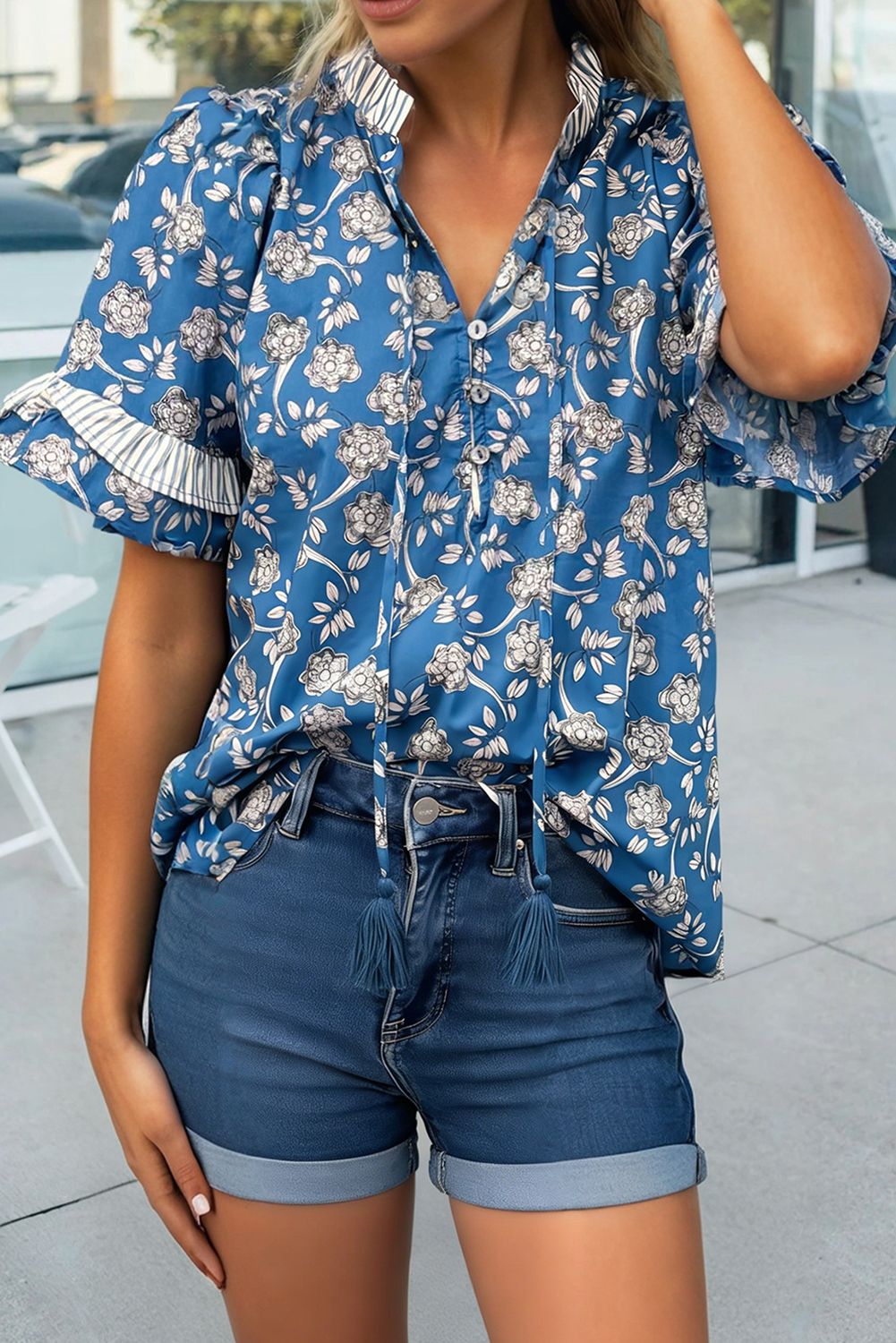 Floral Print Button Tie Neck Short Sleeve Blouse