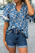 Floral Print Button Tie Neck Short Sleeve Blouse